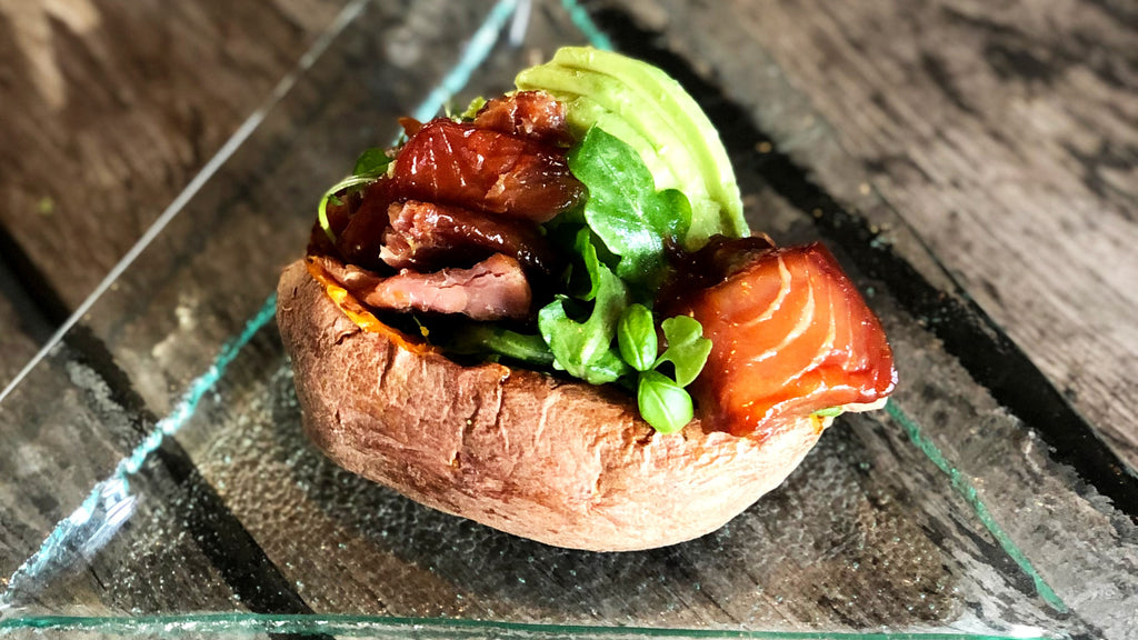 Salmon Candy on a Baked Sweet Potato with Arugula and Avocado