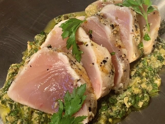 Grilled Haidacore Tuna with Montreal Spice and Salsa Verde