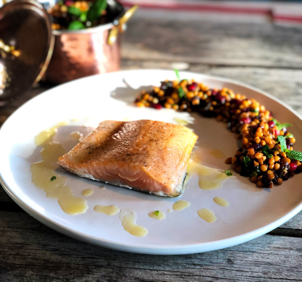 Crispy Skin Artic Char, on French Lentils, Apple Cider Vinaigrette and Pomegranate Seeds