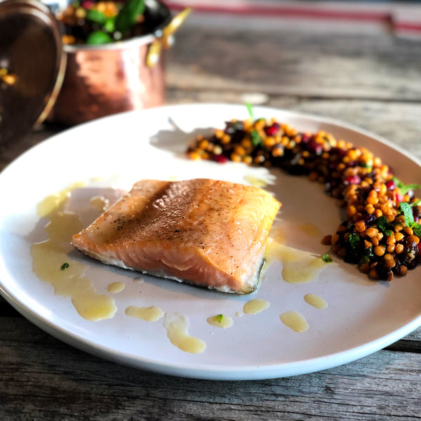 Crispy Skin Artic Char, on French Lentils, Apple Cider Vinaigrette and Pomegranate Seeds