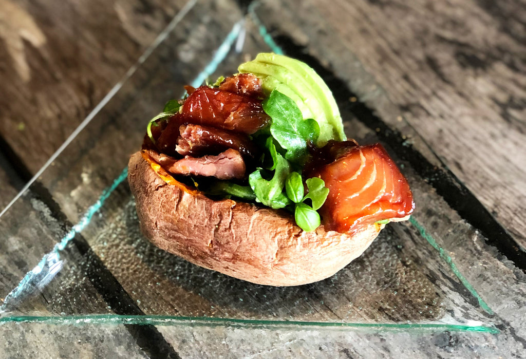 Salmon Candy on a Baked Sweet Potato with Arugula and Avocado