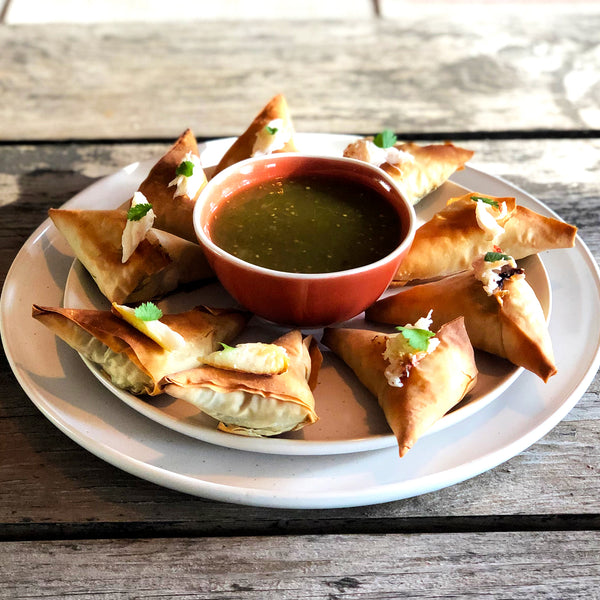 Dungeness Crab and Chive Phyllo Pockets with Salsa Verde