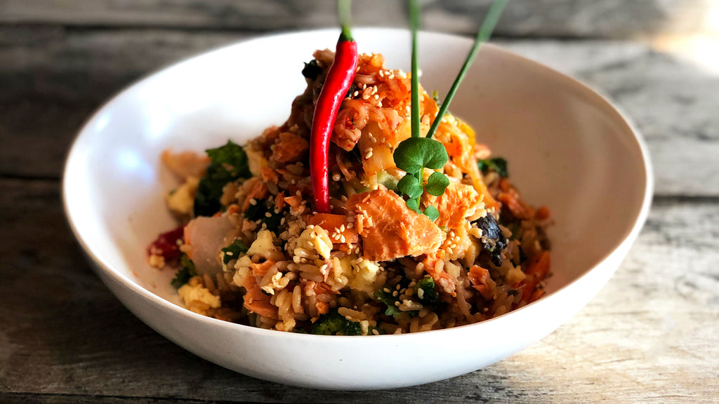 Egg Fried Rice with Canned Sockeye Salmon and Kimchi