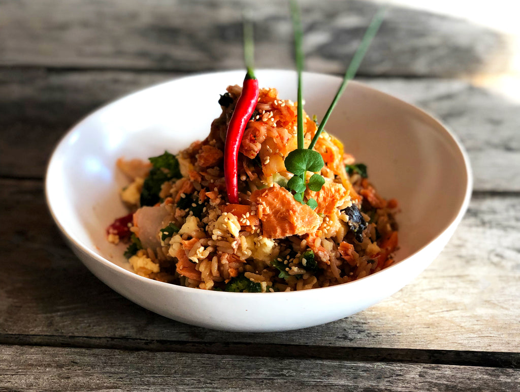 Egg Fried Rice with Canned Sockeye Salmon and Kimchi