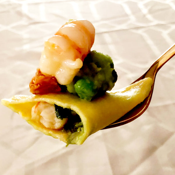 Ravioli of Spot Prawn and Buttered Leek with Smashed Minted Peas