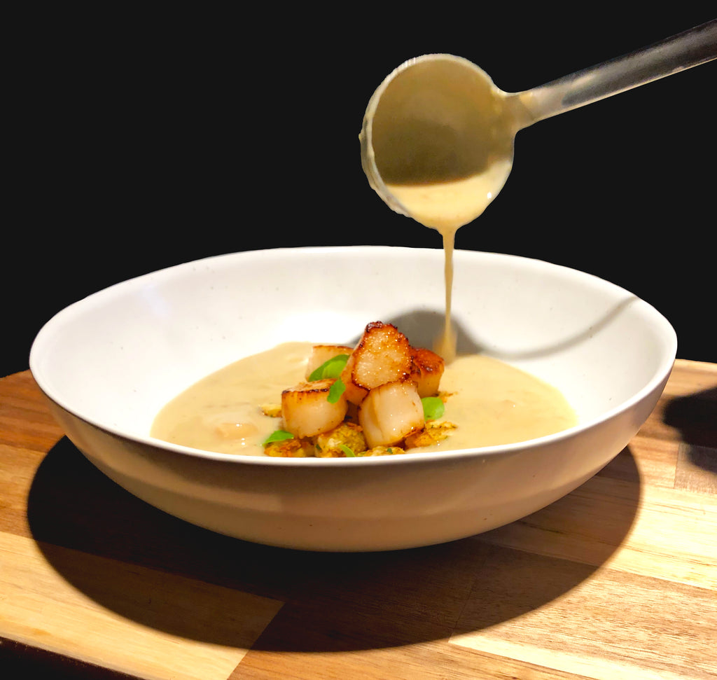 Roasted Celeriac Root and Seared Scallop Soup with Christmas Stuffing Croutons