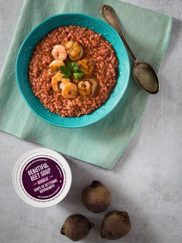 Beet Risotto with Shrimp and Scallops