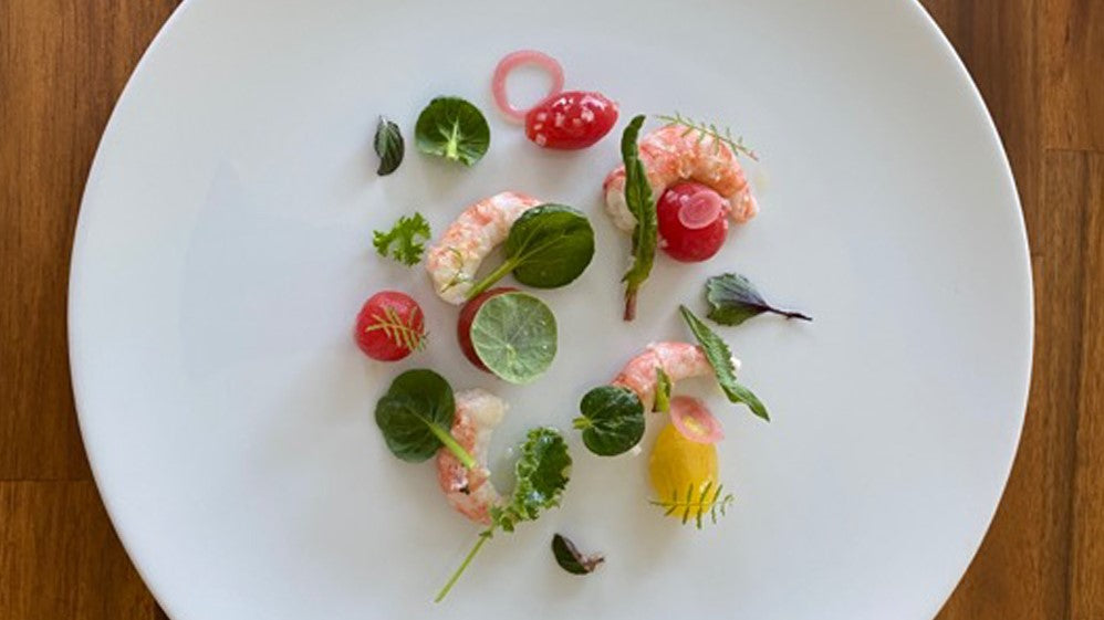 Spot Prawns with Cherry Tomatoes, White Balsamic and Garden Leaves
